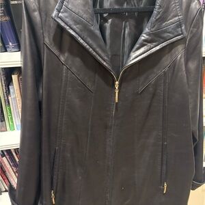 Ellen Tracy Black Leather Jacket with Gold Accents 2x